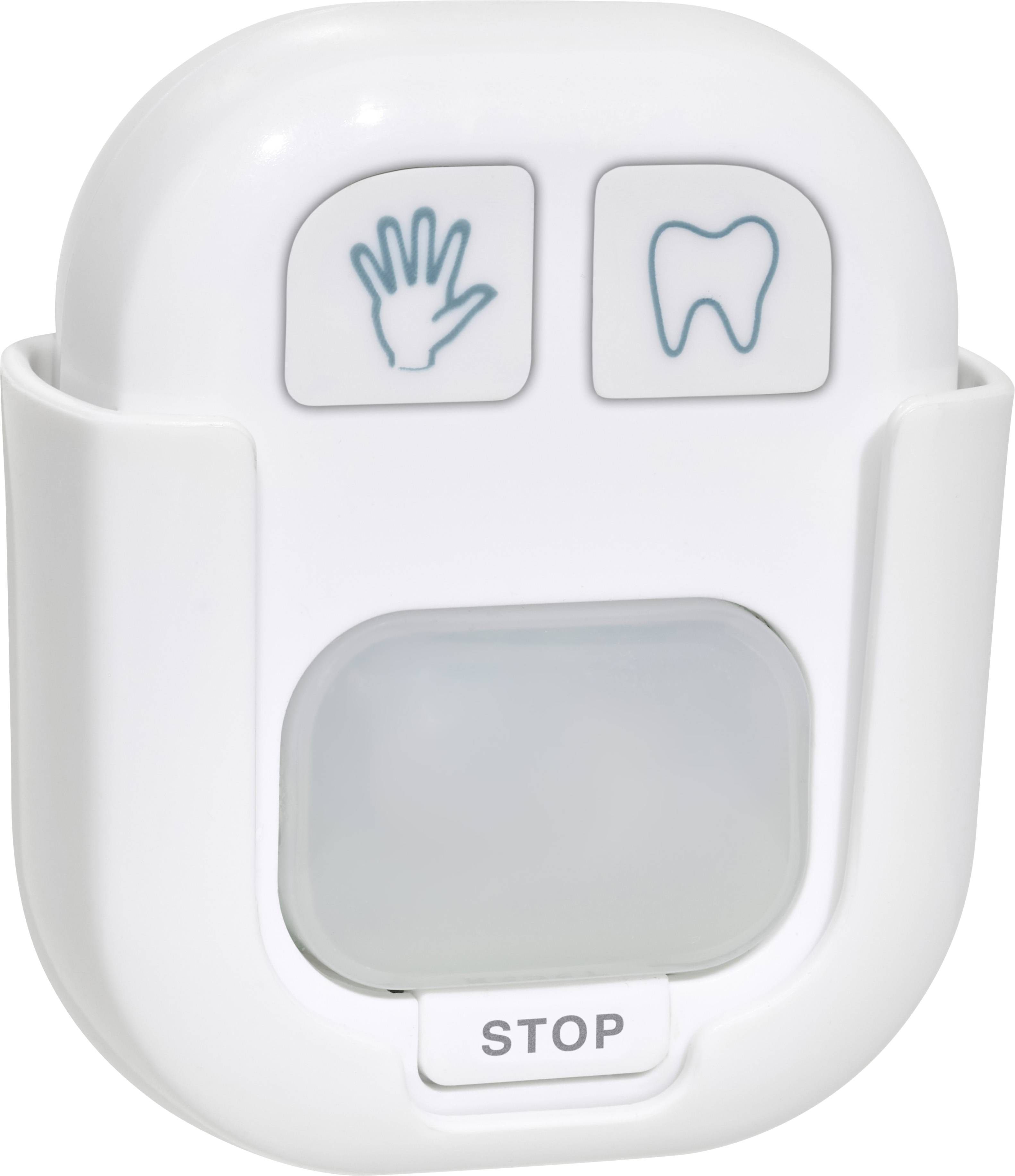 Sensore bianco con pulsante 'STOP' in basso. In alto due simboli: mano e dente. Utilizzato negli studi dentistici per funzioni igieniche.