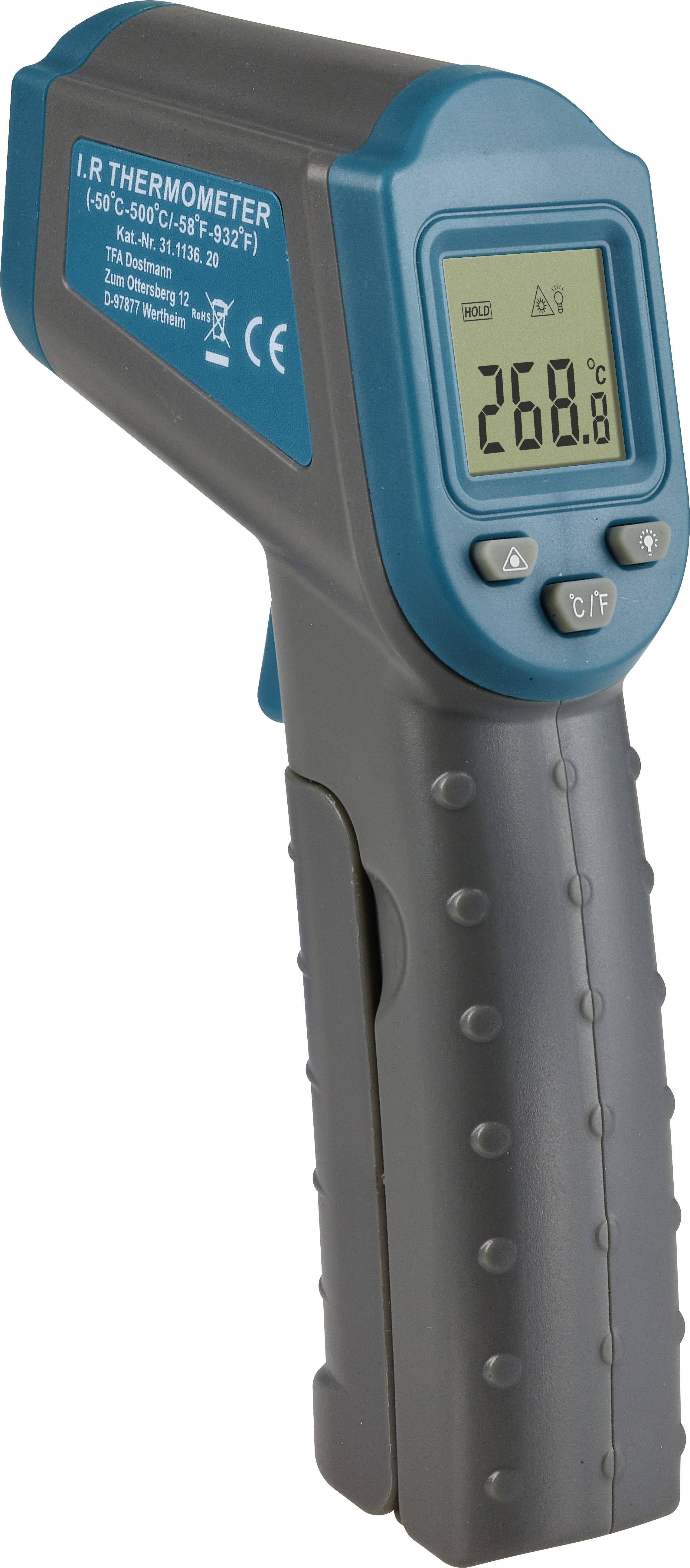 Termometro a infrarossi tascabile mostra una temperatura di 26,8 gradi Celsius su un display digitale. Ideale per misurazioni precise.
