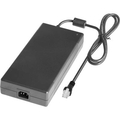 Un alimentatore nero con un cavo di alimentazione. Ha un corpo rettangolare ed è adatto per dispositivi elettronici.