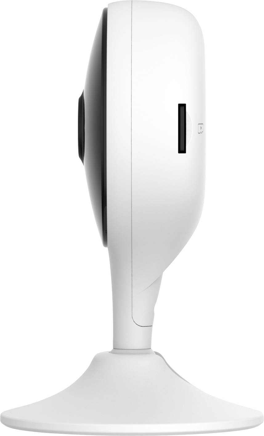Veduta laterale di una telecamera di sicurezza bianca su un supporto piatto. Mostra un design snello e moderno con uno slot laterale.