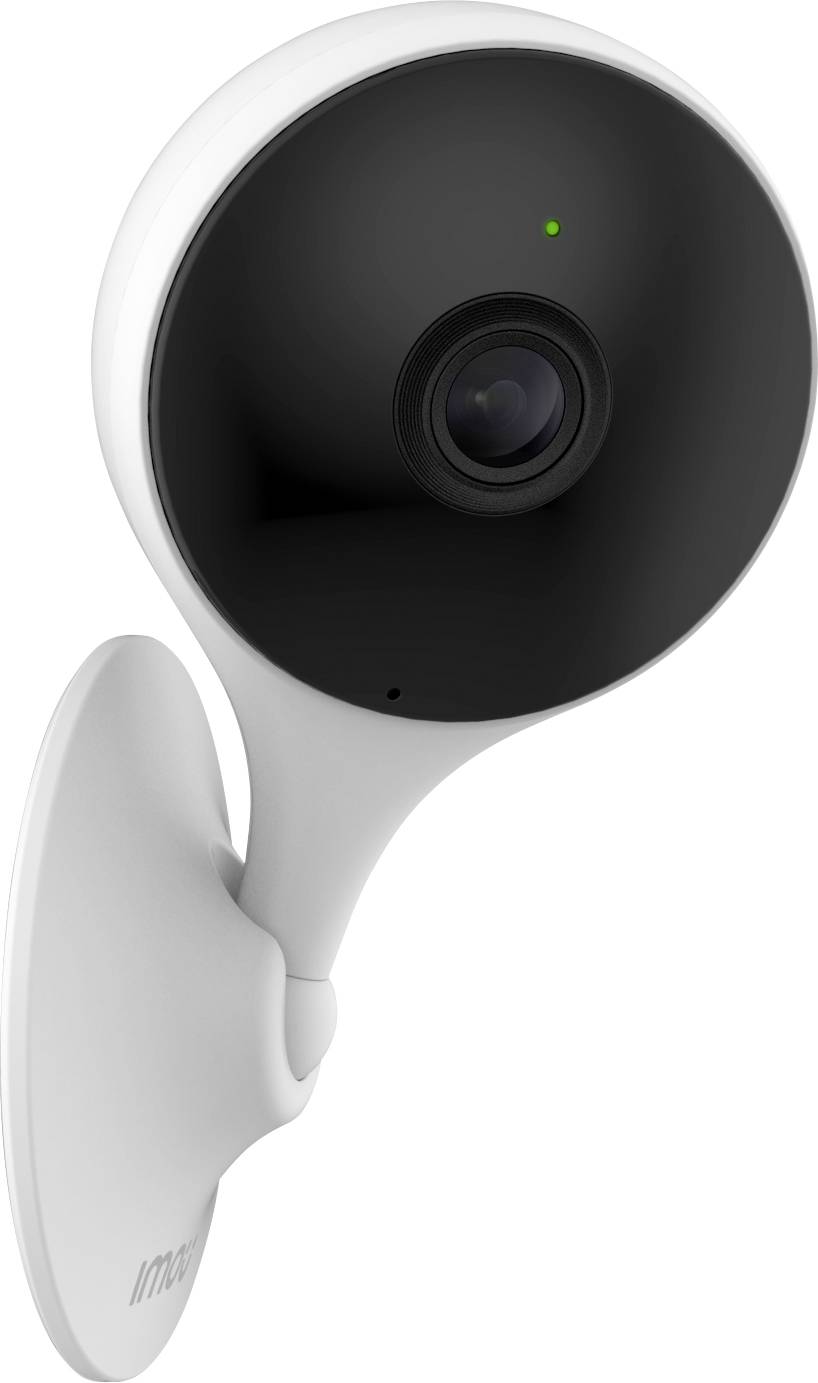 Telecamera di sorveglianza dal design moderno e circolare, montata su un supporto a parete, dotata di indicatore LED.