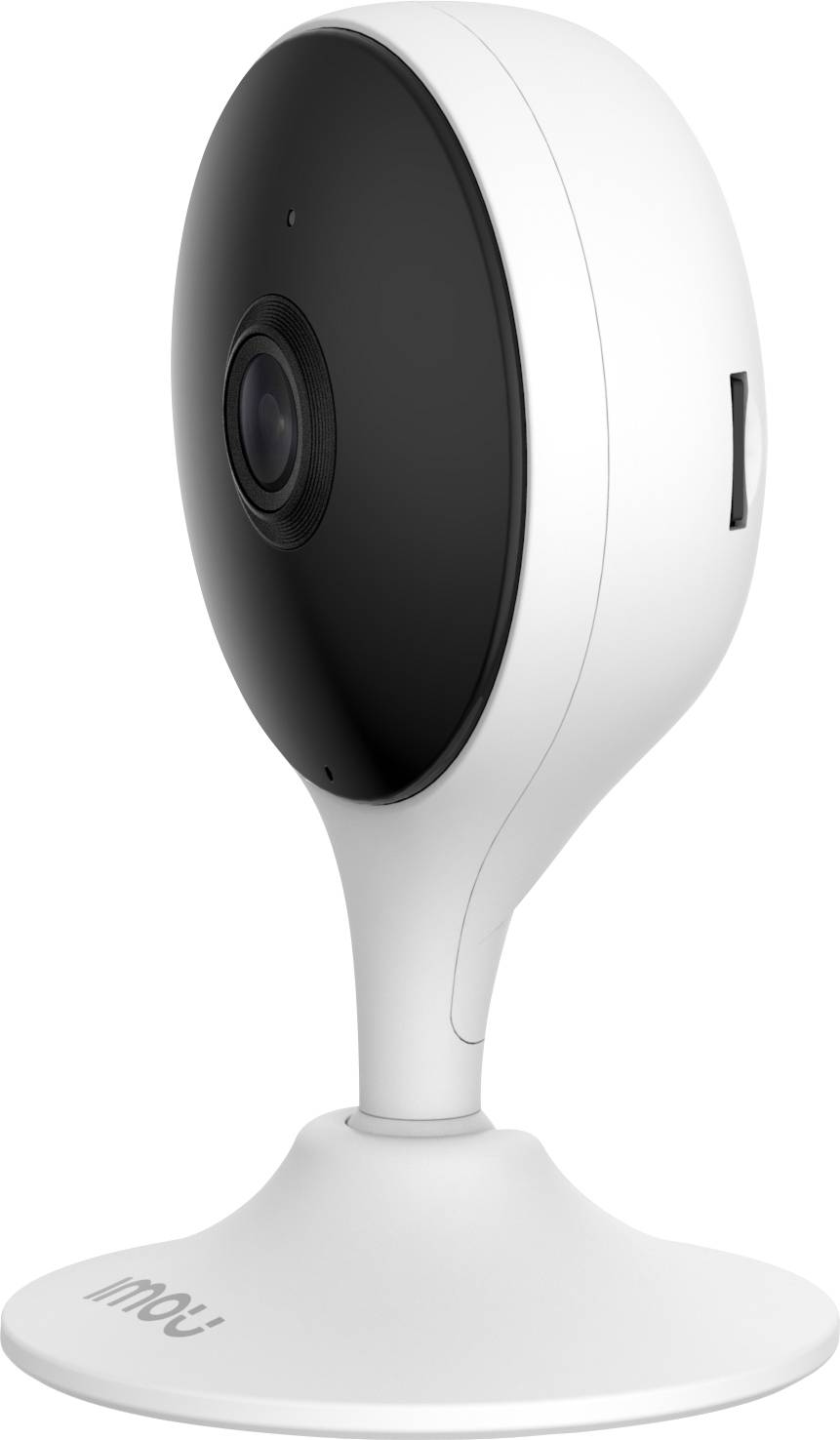 Telecamera di sicurezza bianca a forma ovale su un supporto, con obiettivo visibile frontalmente.