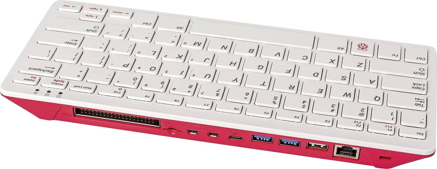 Tastiera per computer bianca con accenti rossi, computer integrato. Porte per USB, HDMI ed Ethernet.