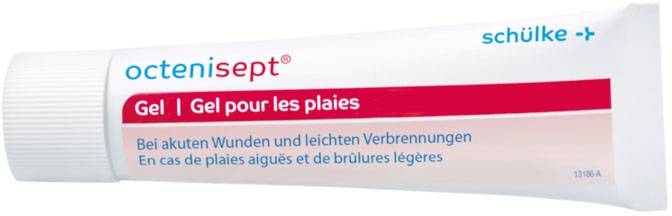 Tubo bianco con striscia rossa, etichettato 'octenisept Gel'. Per l'uso su ferite acute e lievi ustioni.