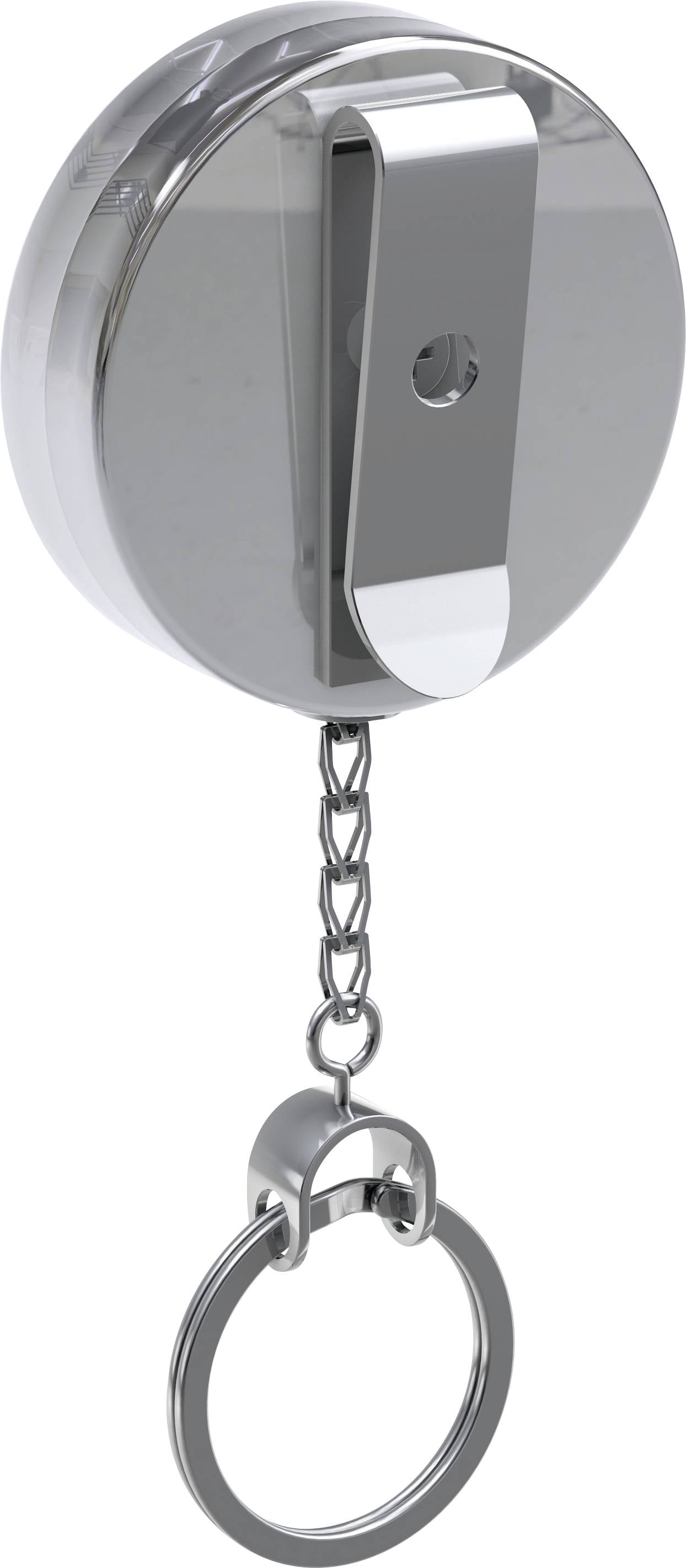 Un portachiavi rotondo, argentato con catena, dotato di un anello per agganciare le chiavi. Ideale per conservare le chiavi in modo sicuro.