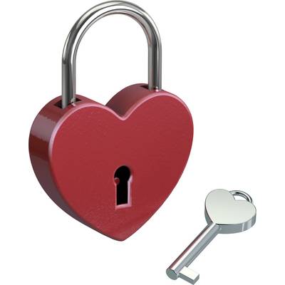 Lucchetto rosso a forma di cuore con relativa chiave a cuore, simboleggia amore e sicurezza.