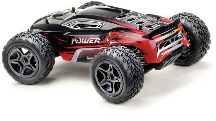 Auto radiocomandato in stile fuoristrada con pneumatici grandi e design rosso e nero, scritta 'Power' sul lato.