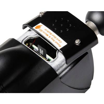 Dispositivo nero con involucro aperto che mostra una scheda microSD inserita. In alto è presente un adesivo con la scritta 'Reset Key'.