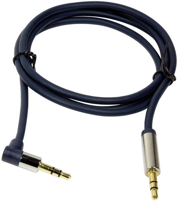 Un cavo audio nero con due spine jack da 3,5 mm, uno dei quali ad angolo. Utilizzato per collegare sorgenti audio a dispositivi di riproduzione.