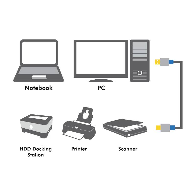 'Una selezione di dispositivi che possono essere collegati con un cavo: notebook, PC, dock station per HDD, stampante e scanner.'