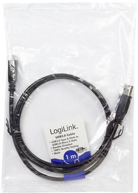 Cavo USB in un sacchetto di plastica trasparente. Sull'etichetta è scritto 'LogiLink Cavo USB 3.0 1m'.