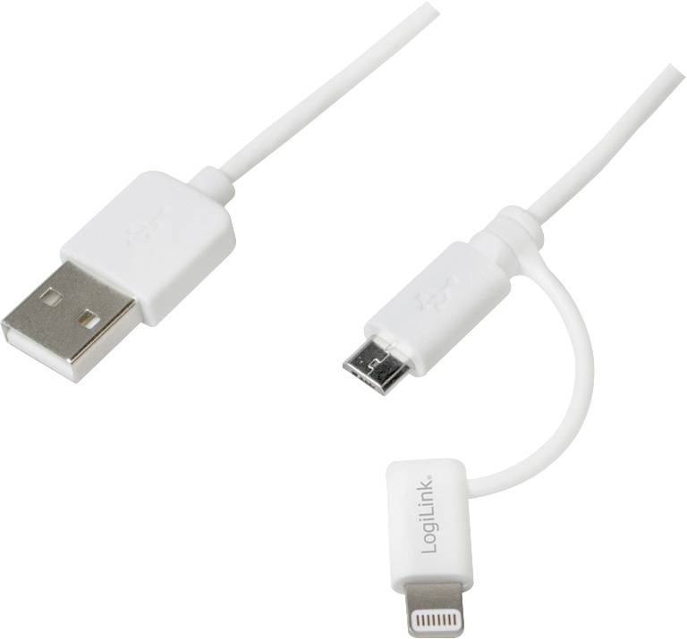 Cavi USB bianchi con diverse spine: USB-A, Micro-USB e Lightning. Adatti per collegare diversi tipi di dispositivi.