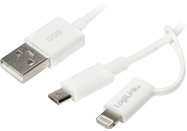 Tre cavi bianchi: connettori USB, Micro-USB e Lightning. Marcatura 'LogiLink' sul connettore Lightning. Utilizzabili per diversi dispositivi.