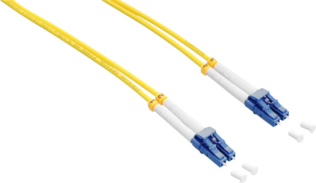Due cavi in fibra ottica gialli con connettori blu alle estremità, utilizzati per connessioni dati ad alta velocità.