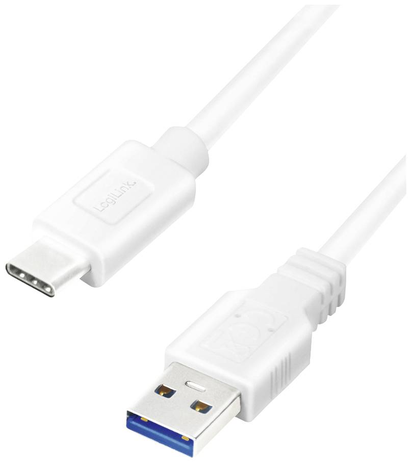 Un cavo bianco con un connettore USB-C su un lato e un connettore USB-A sull'altro, su sfondo bianco.