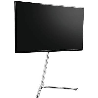 Un monitor nero con schermo piatto su un supporto metallico elegante e argentato. Lo schermo è spento.