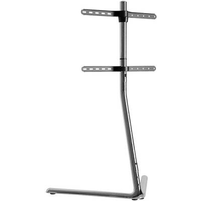 Supporto TV in metallo con staffe regolabili, adatto a diverse dimensioni di schermi. Design a pavimento con base stabile.