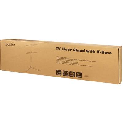 Confezione di un supporto TV da pavimento di LogiLink con base a V, adatto per televisori da 49"-70", compatibile VESA, carico massimo 40 kg.