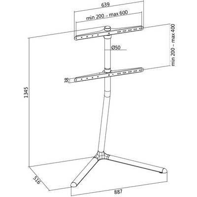 Disegno tecnico di un supporto con dimensioni: altezza 1345 mm, larghezza 887 mm. Area di montaggio VESA: larghezza min 200-600 mm, altezza 200-400 mm.