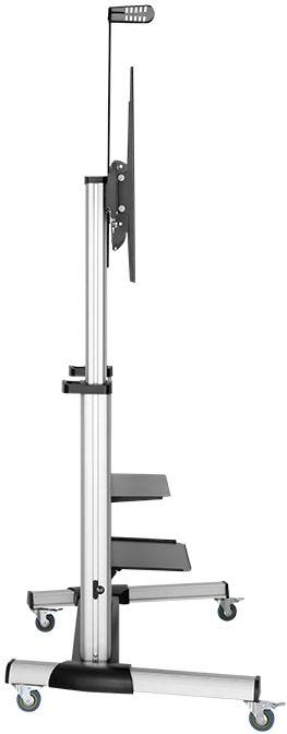 Supporto monitor in metallo con rotelle, con due ripiani, in vista laterale del profilo, montato su quattro ruote per una facile movimentazione.