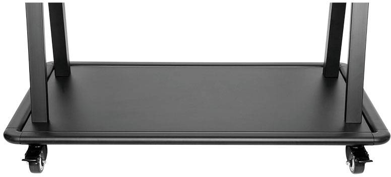 Carrello da tavolo nero, rettangolare, con quattro ruote. Ideale per il trasporto di oggetti in uffici o officine.