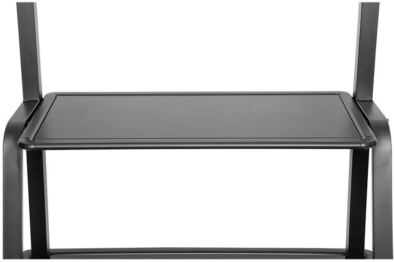 Sedia in metallo nero senza imbottitura, dal design essenziale. Presenta una superficie seduta liscia e priva di ulteriori decorazioni o dettagli.