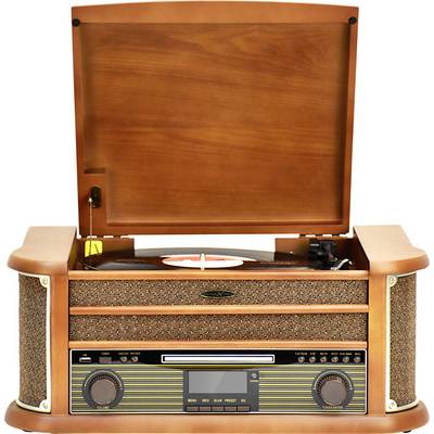 Un giradischi retrò con il coperchio aperto sta riproducendo un disco in vinile. Il design ricorda un vecchio radio con comandi moderni.