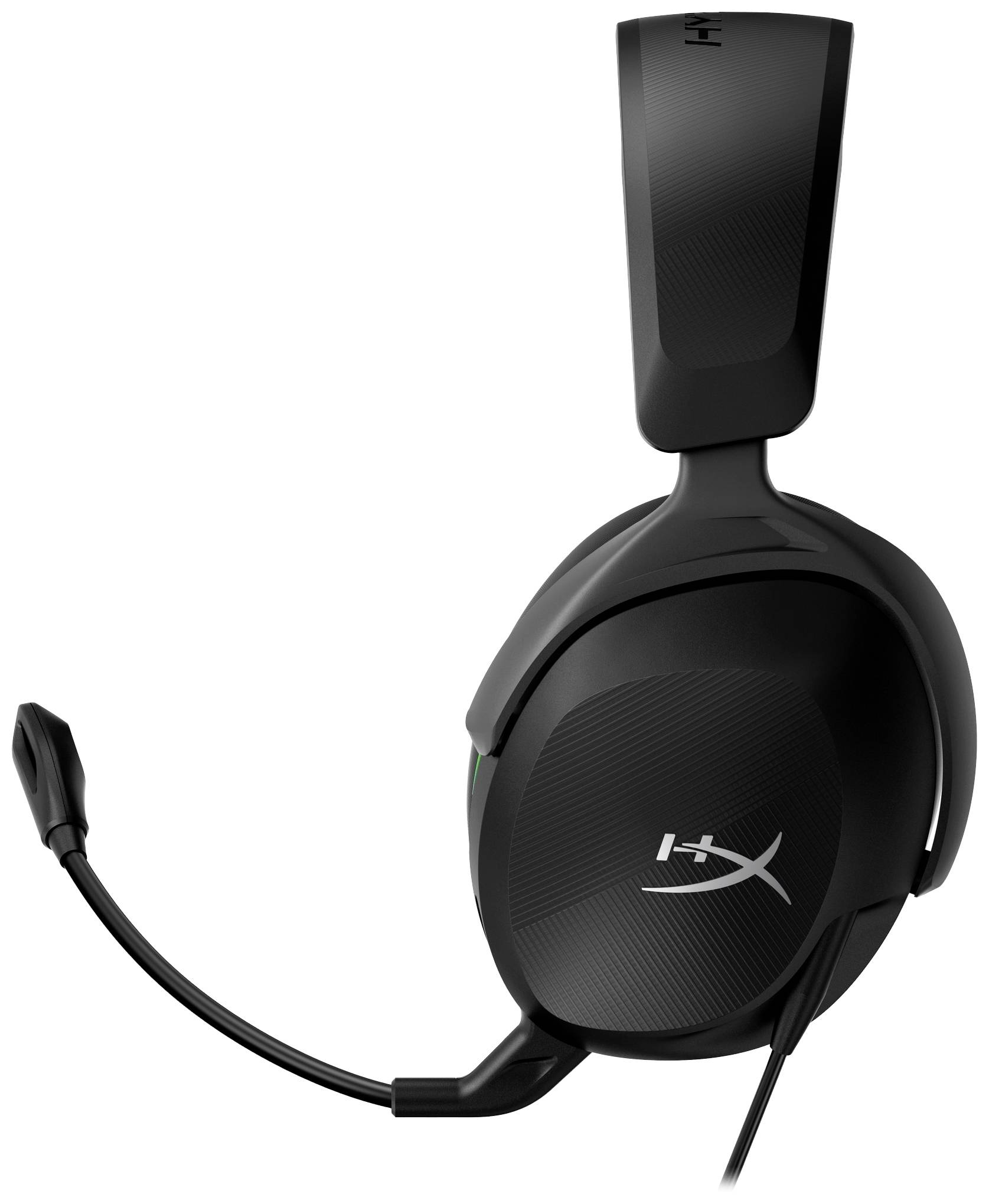 Un headset da gaming nero con braccio del microfono, contraddistinto da una 'H' stilizzata sul padiglione auricolare.