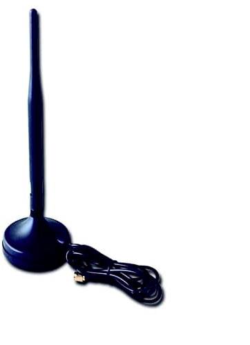 Antenna esterna nera con base e lungo cavo che giace su una superficie. Adatta per l'amplificazione dei segnali WiFi.