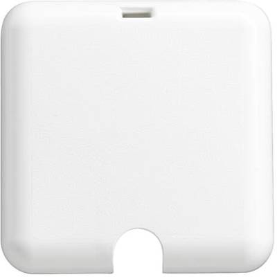 Un coperchio quadrato bianco in plastica con una piccola apertura sul lato inferiore.