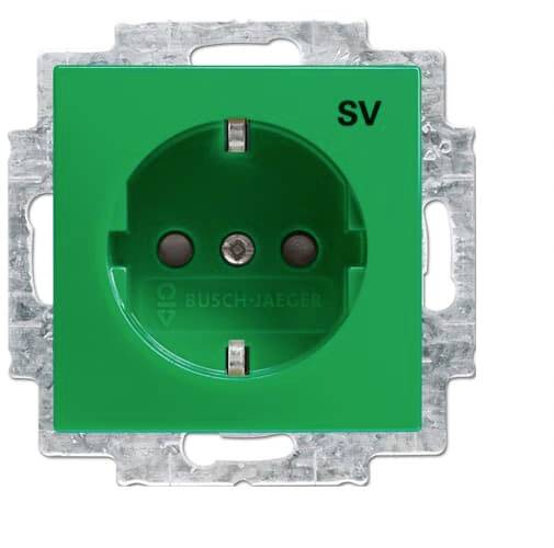 Presa verde di Busch-Jaeger, installata in un supporto metallico, con la marcatura 'SV' in alto a destra.