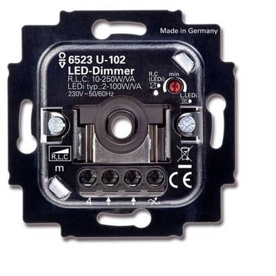 Un dimmer LED del marchio 'Jung', modello 6523 U-102, con specifiche tecniche. Adatto per 10-250V/VA, prodotto in Germania.