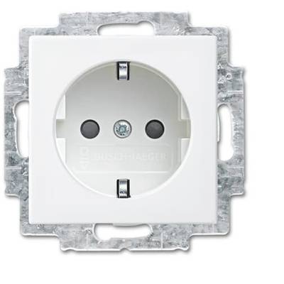 Una presa elettrica bianca e quadrata di Busch-Jaeger con due fori rotondi e messa a terra. È inserita in un supporto metallico.