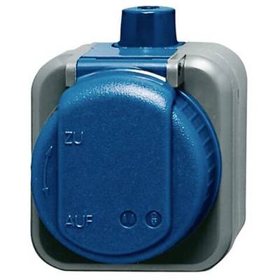 Un interruttore rotondo blu su un involucro grigio, con le etichette 'CHIUSO' e 'APERTO' per il controllo di valvole di acqua o gas.