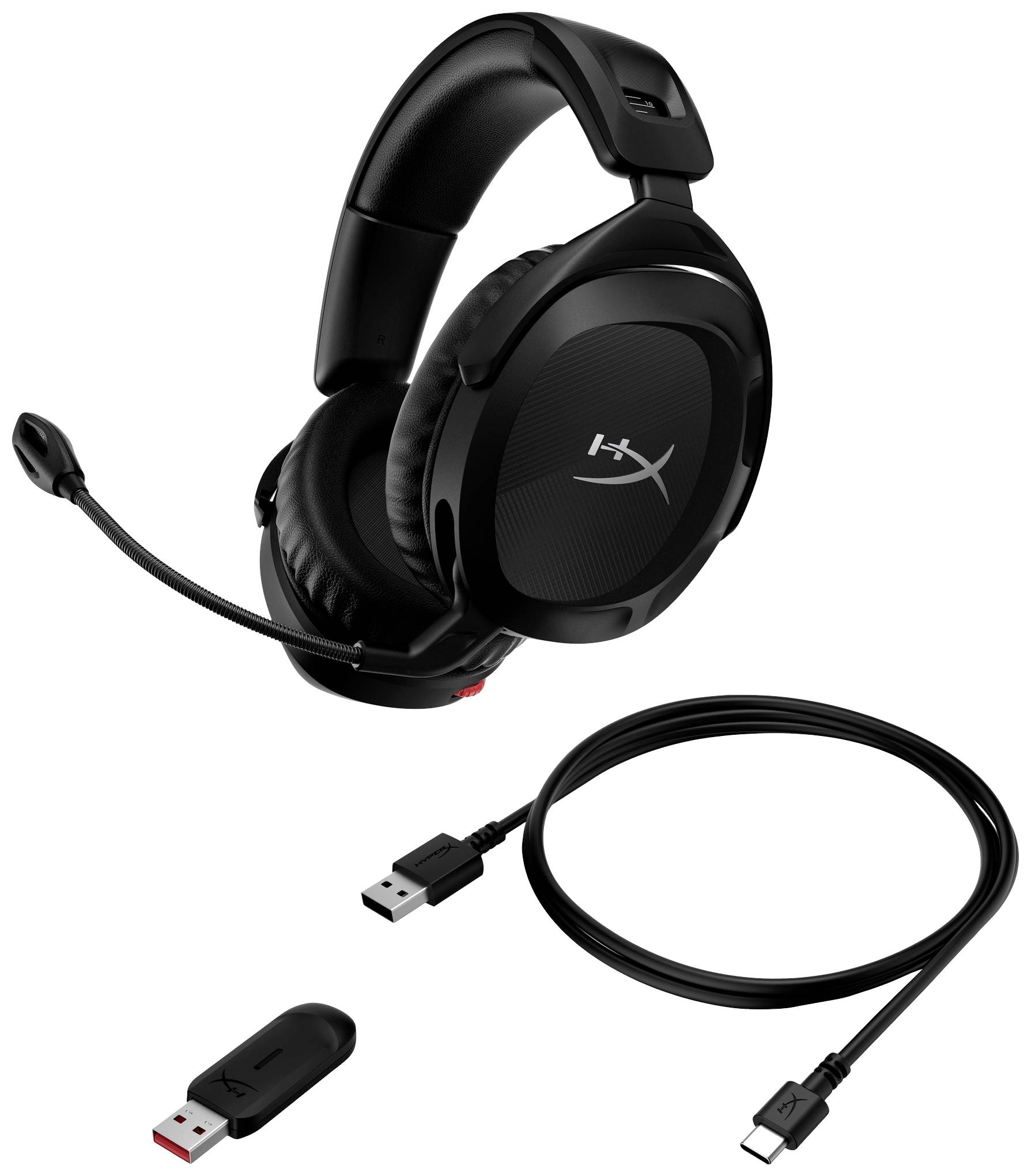 Un headset gaming nero con microfono, ricevitore USB e cavo di ricarica USB-C. Adatto per il gioco wireless.