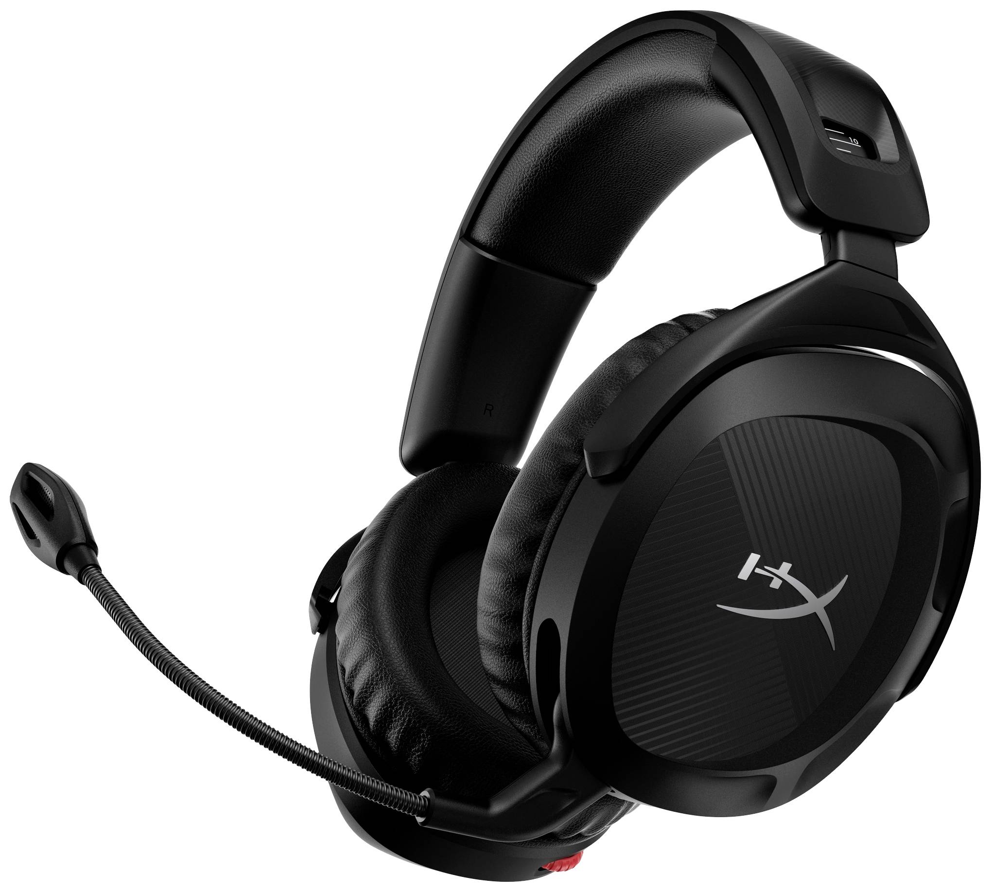 Cuffie da gaming nere con microfono sul padiglione auricolare sinistro. Adatte per videogiochi su PC e comunicazione.
