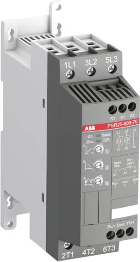 Un contattore ABB con numero di modello PSR25-600-70. Viene utilizzato in quadri elettrici per controllare il flusso di corrente.