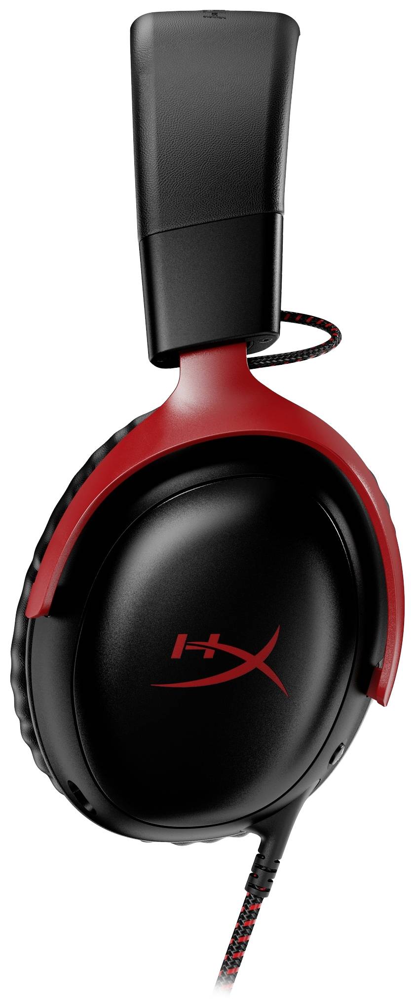 Cuffie over-ear nere e rosse con un logo sul padiglione auricolare.