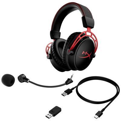 Cuffie da gaming HyperX in nero con accenti rossi, microfono removibile, connessione USB e cavo USB aggiuntivo.