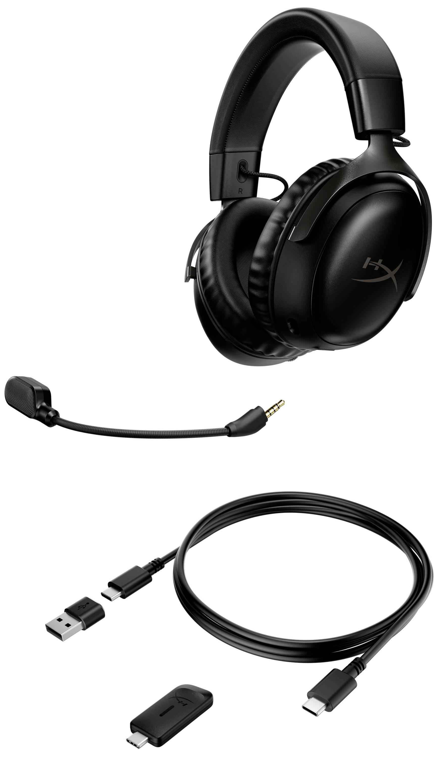 Cuffie wireless in nero con microfono removibile. Include trasmettitore USB e cavo di ricarica. Adatte per gaming e musica.