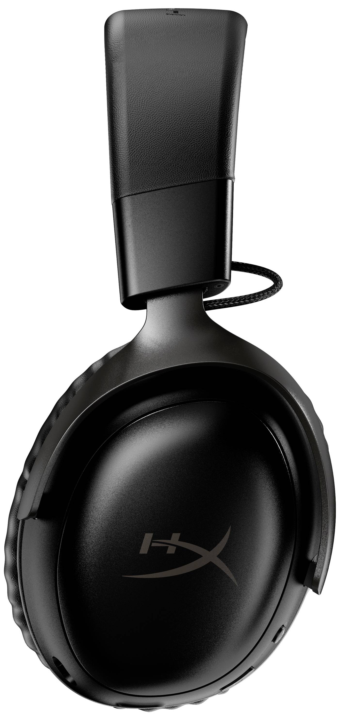 Cuffie over-ear nere con il logo 'HyperX' sulla conchiglia dell'auricolare. Superficie testurizzata e padiglione imbottito per il comfort.