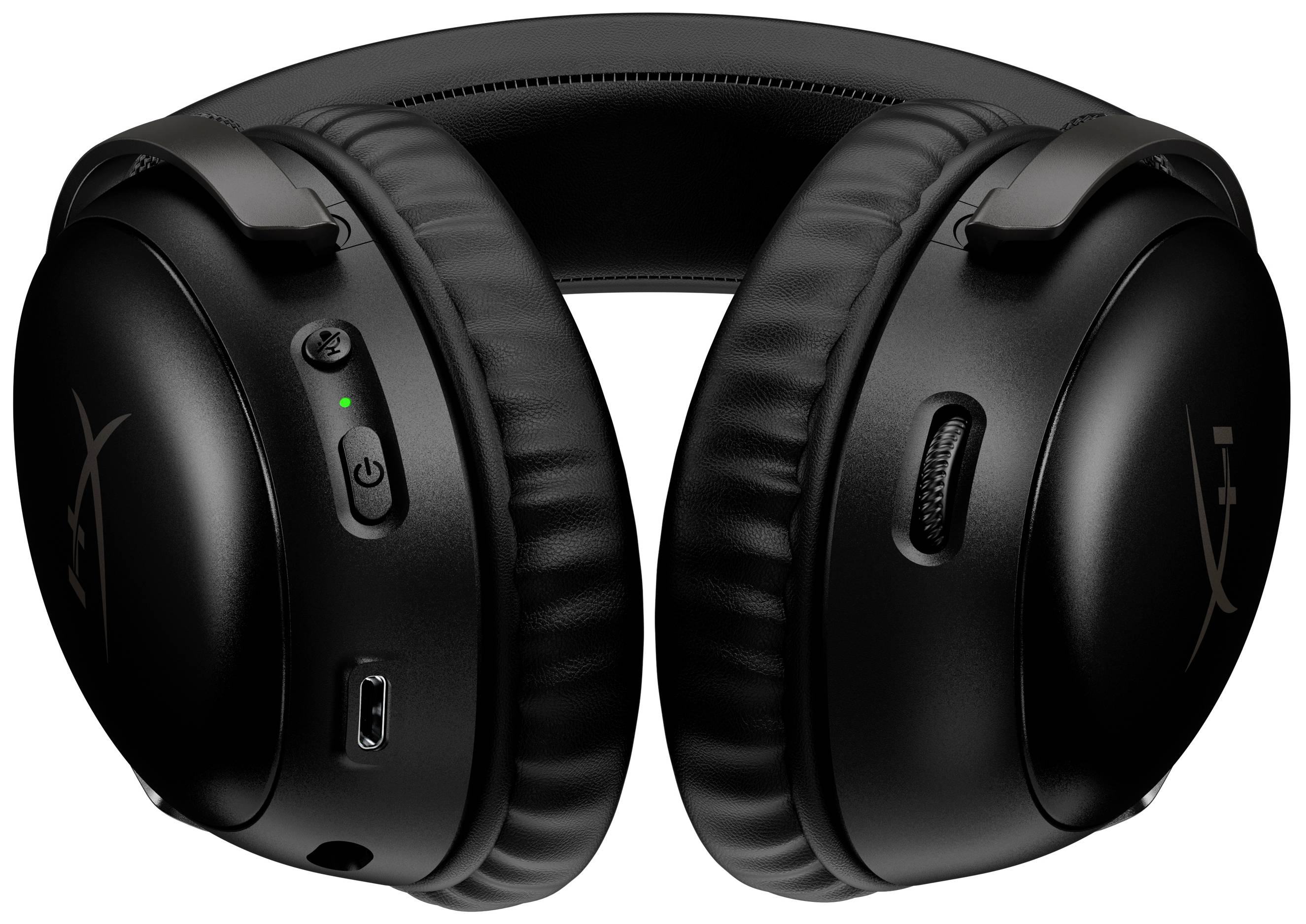 Una coppia di cuffie over-ear nere con comandi sul lato, inclusi tasto di accensione/spegnimento e controllo del volume, su uno sfondo neutro.