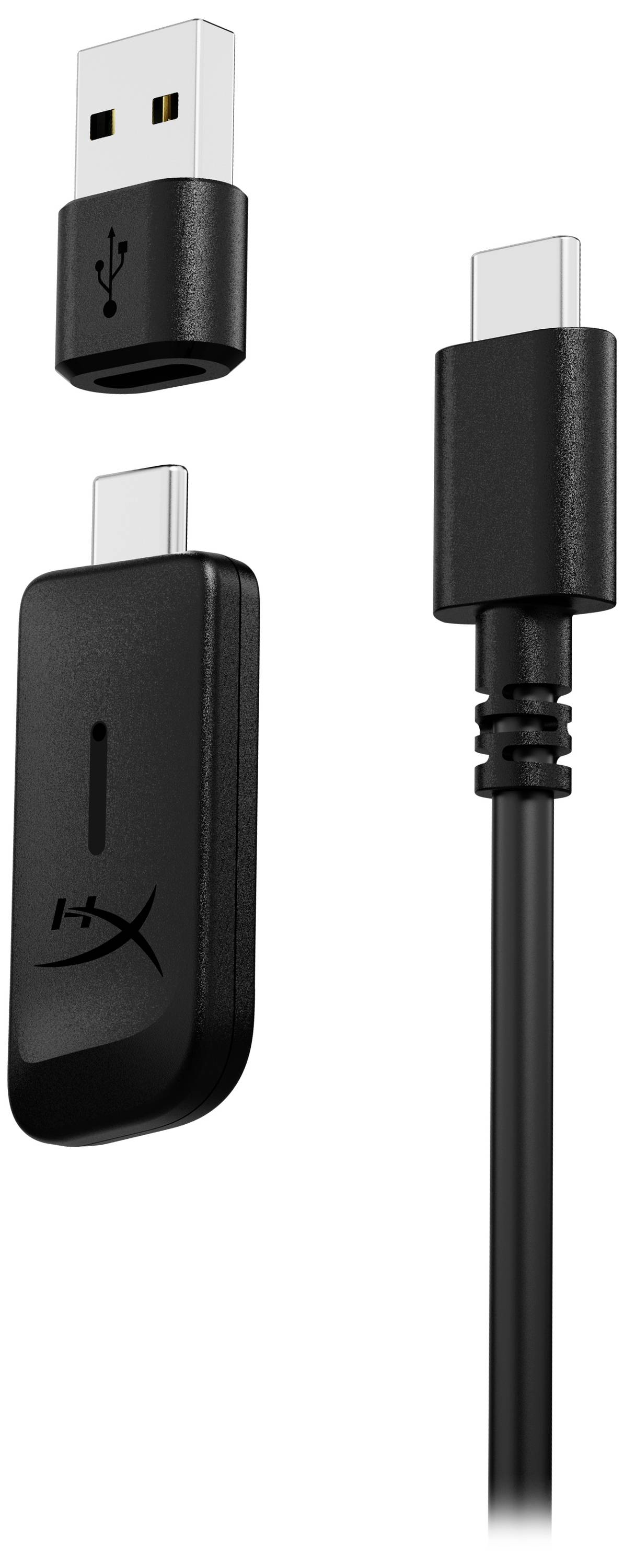 Nell'immagine è mostrato un adattatore e un cavo nero USB-C, separati l'uno dall'altro. Vengono illustrate le possibilità di connessione per USB-C e USB-A.