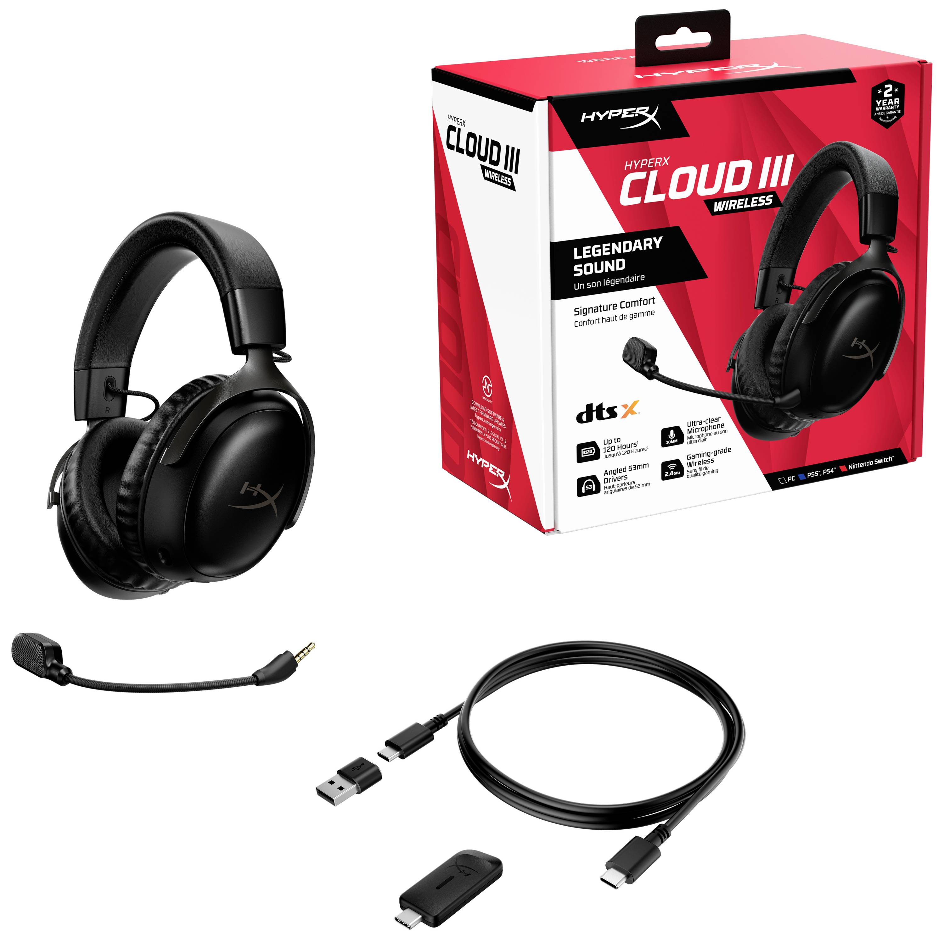 Cuffie da gaming wireless HyperX Cloud III in nero, raffigurate con microfono, dongle USB e cavi, accanto alla confezione.
