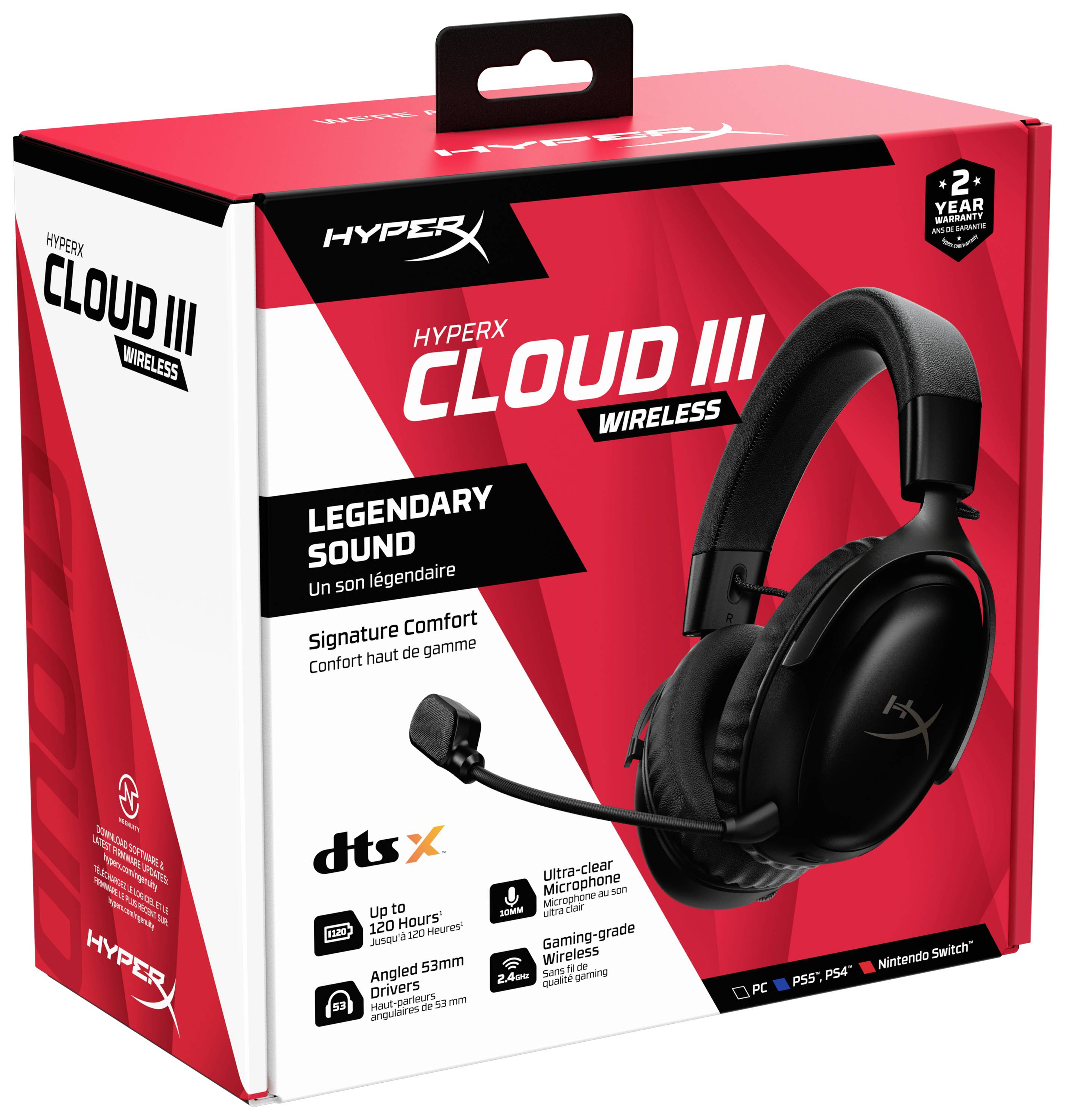 HyperX Cloud III Wireless Cuffie con confezione riportante la scritta 'Suono Leggendario' e 'Comfort Signature'. Supporta più piattaforme.