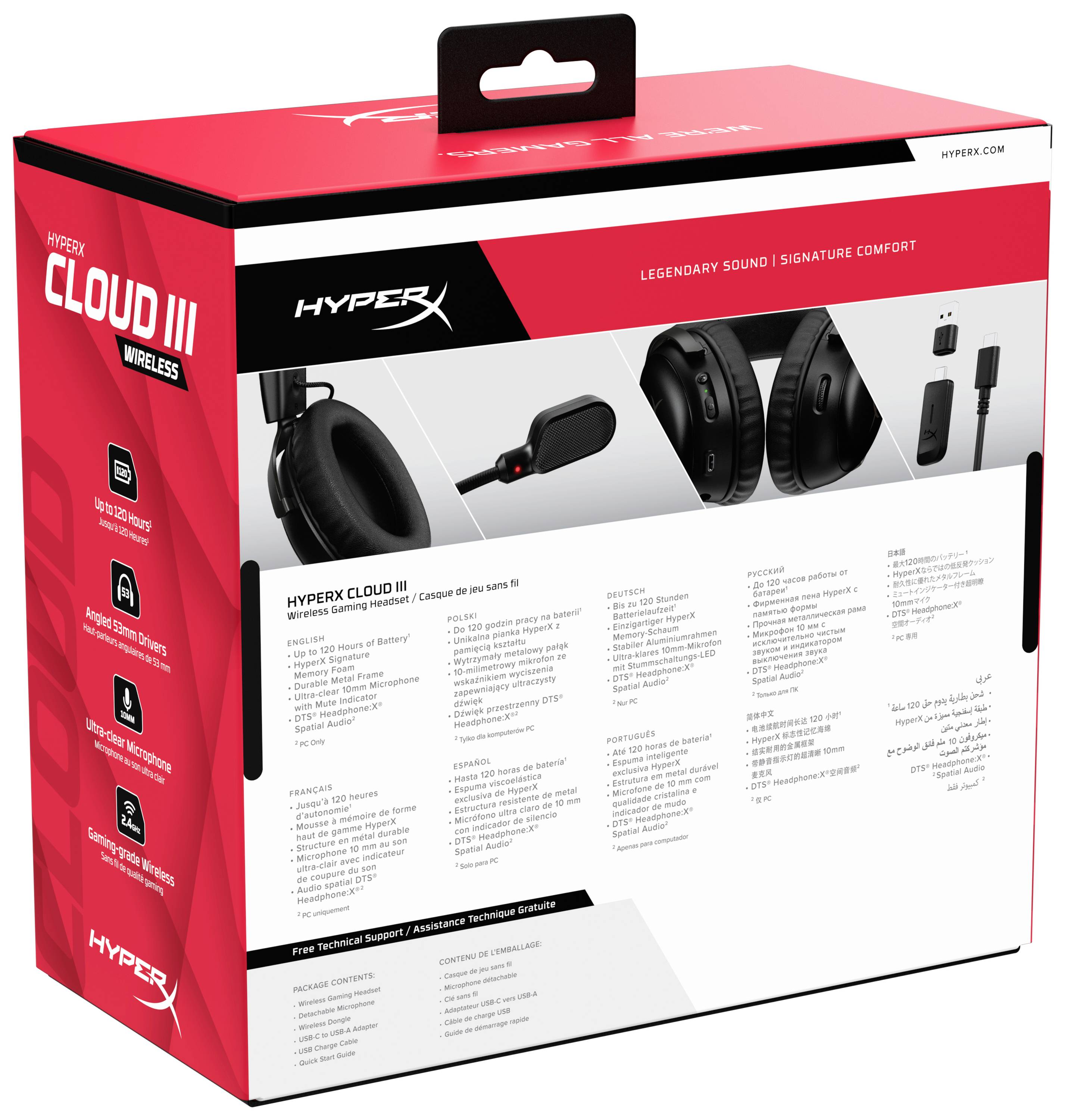 Retro della confezione delle cuffie 'HyperX Cloud III Wireless' con specifiche tecniche del prodotto, immagine delle cuffie e degli accessori.