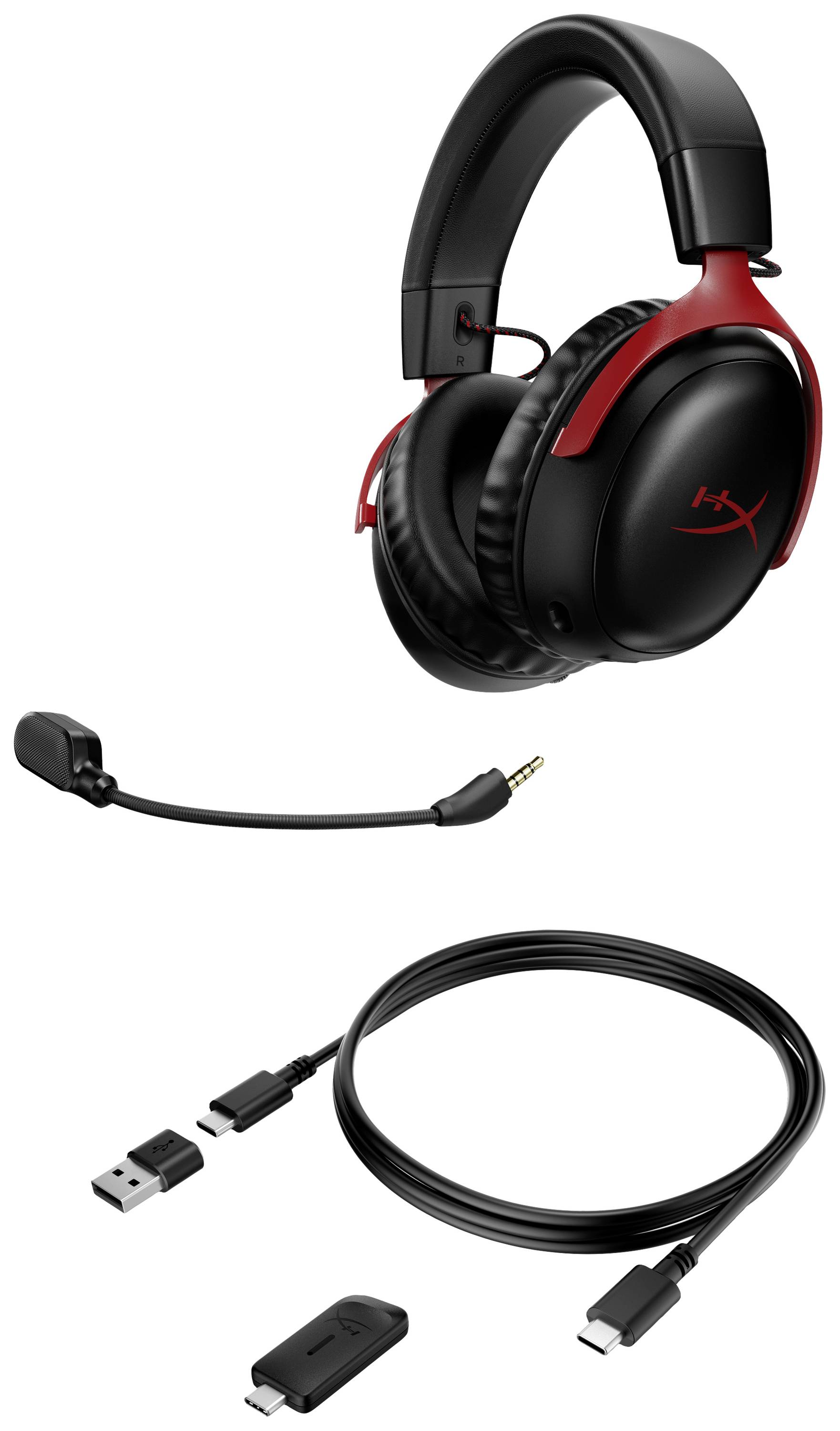 Cuffie da gaming wireless con microfono e cavo USB, nero con dettagli rossi. Adatte per PC e console.