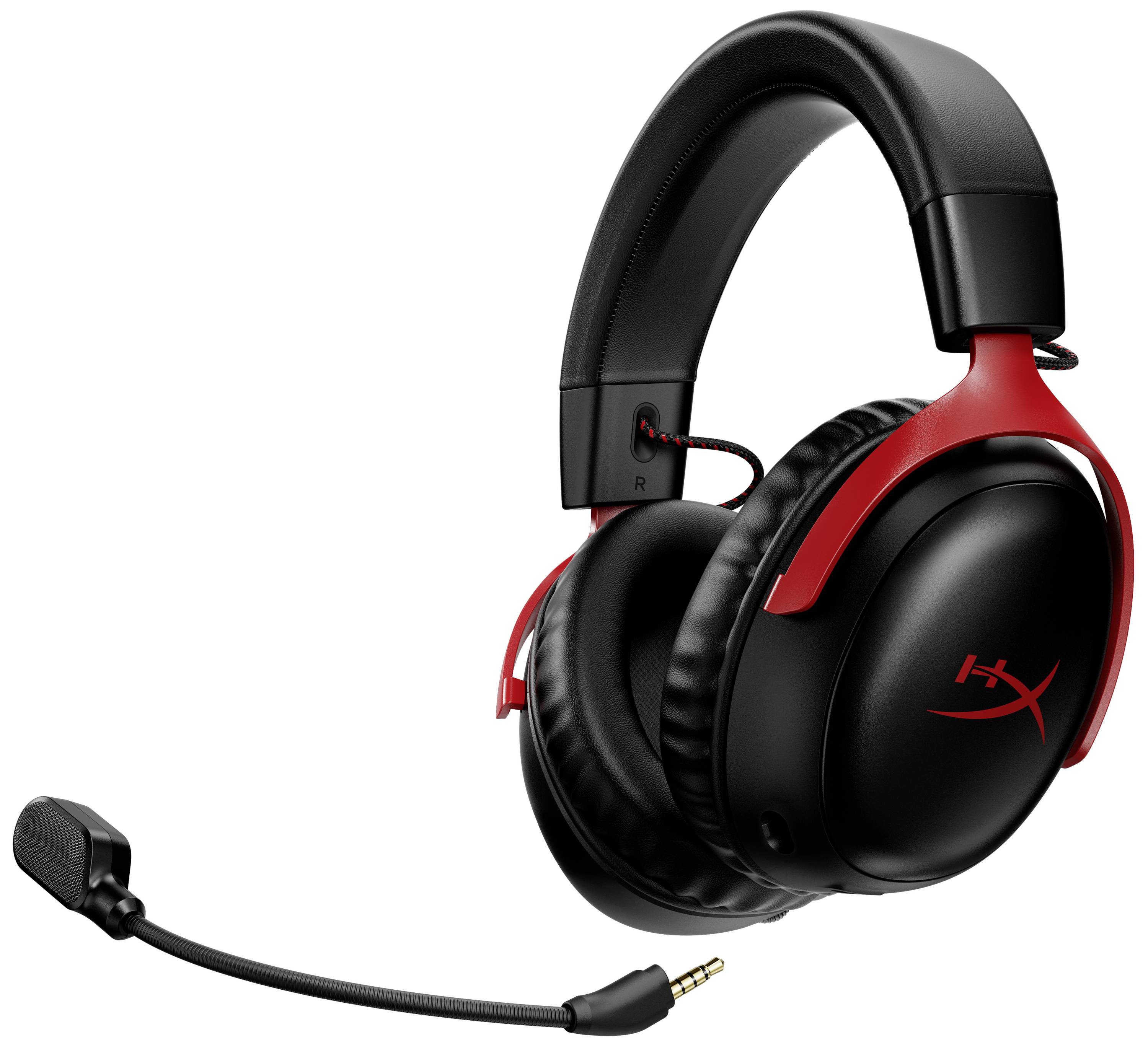 Cuffie con logo rosso e braccio del microfono, design nero, adatte per gaming e comunicazione.