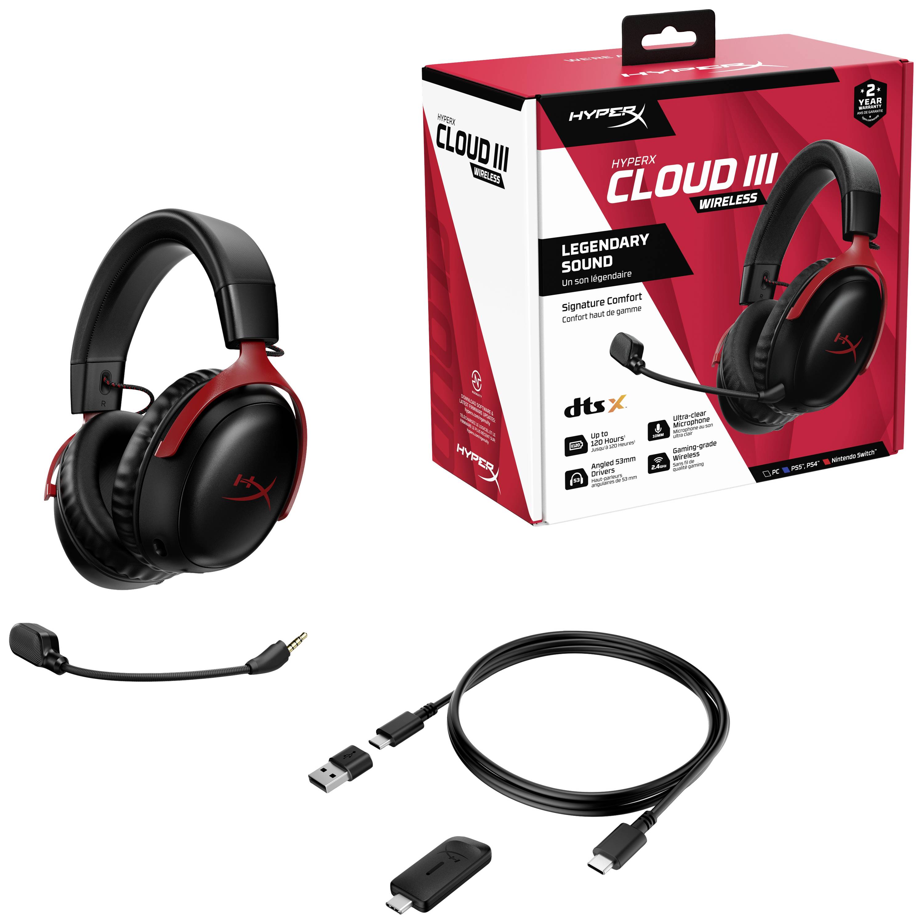 Cuffie wireless HyperX Cloud III, raffigurate insieme alla confezione, un adattatore USB, cavo e microfono.