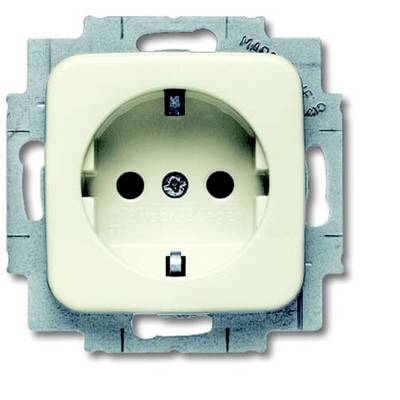 Una presa elettrica bianca a due poli, inserita in un telaio metallico per l'installazione, ripresa frontalmente.
